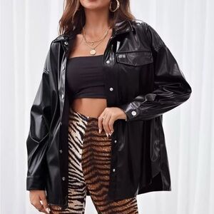 Black Faux Leather Oversized Shirt Jacket - Women
